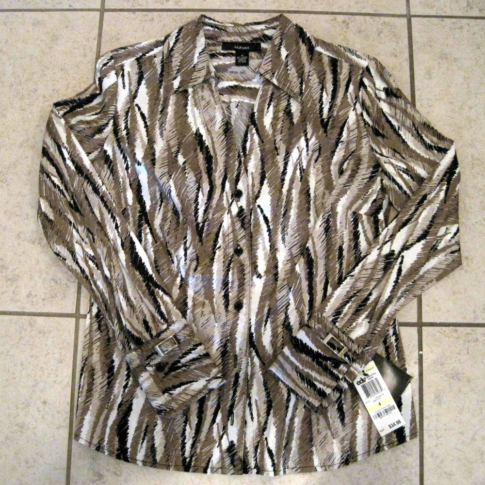Alfani Animal Print Button Down Shirt Women's Brown Black Long Sleeve Size 4 - Picture 2 of 5